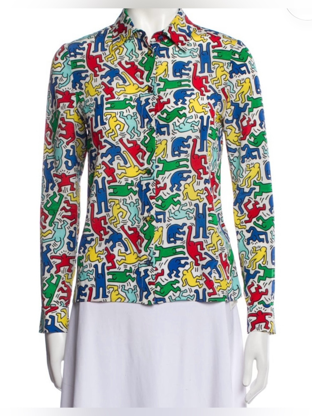 Alice + Olivia x Keith Haring Silk Graphic Print Long-Sleeve Button-up Blouse